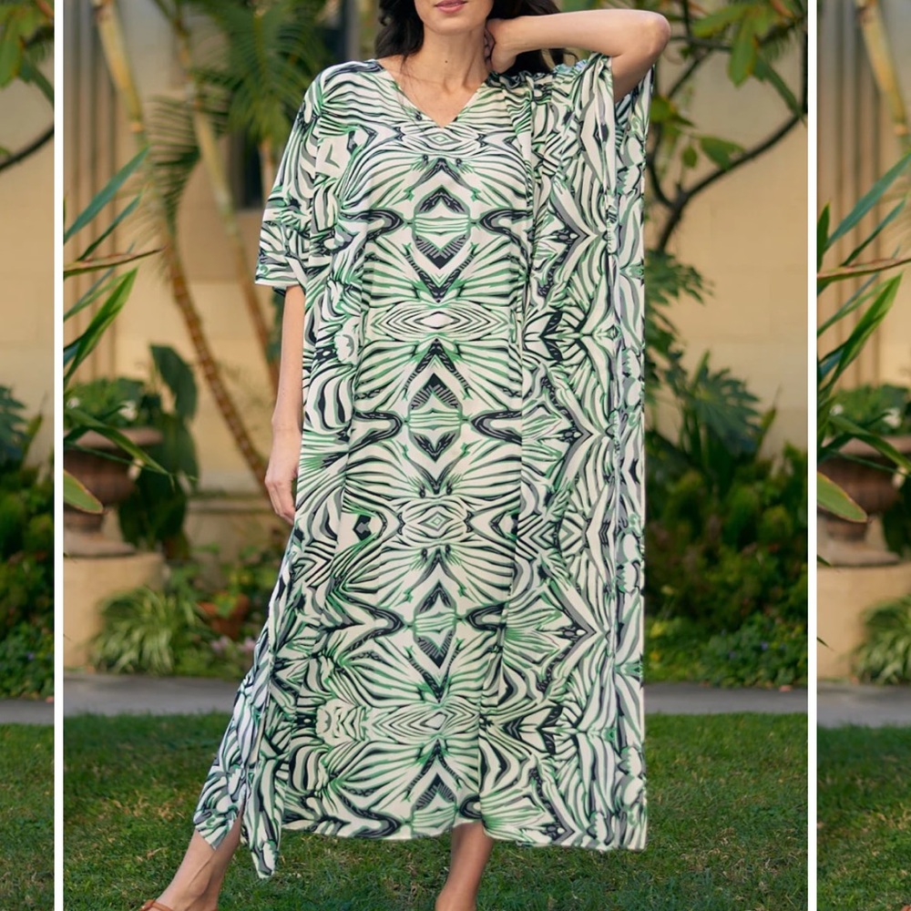 CARESS GREEN ABSTRACT MIX S-4X LOUNGE COVERUP ROBE RESORT MAXI DRESS KAF…